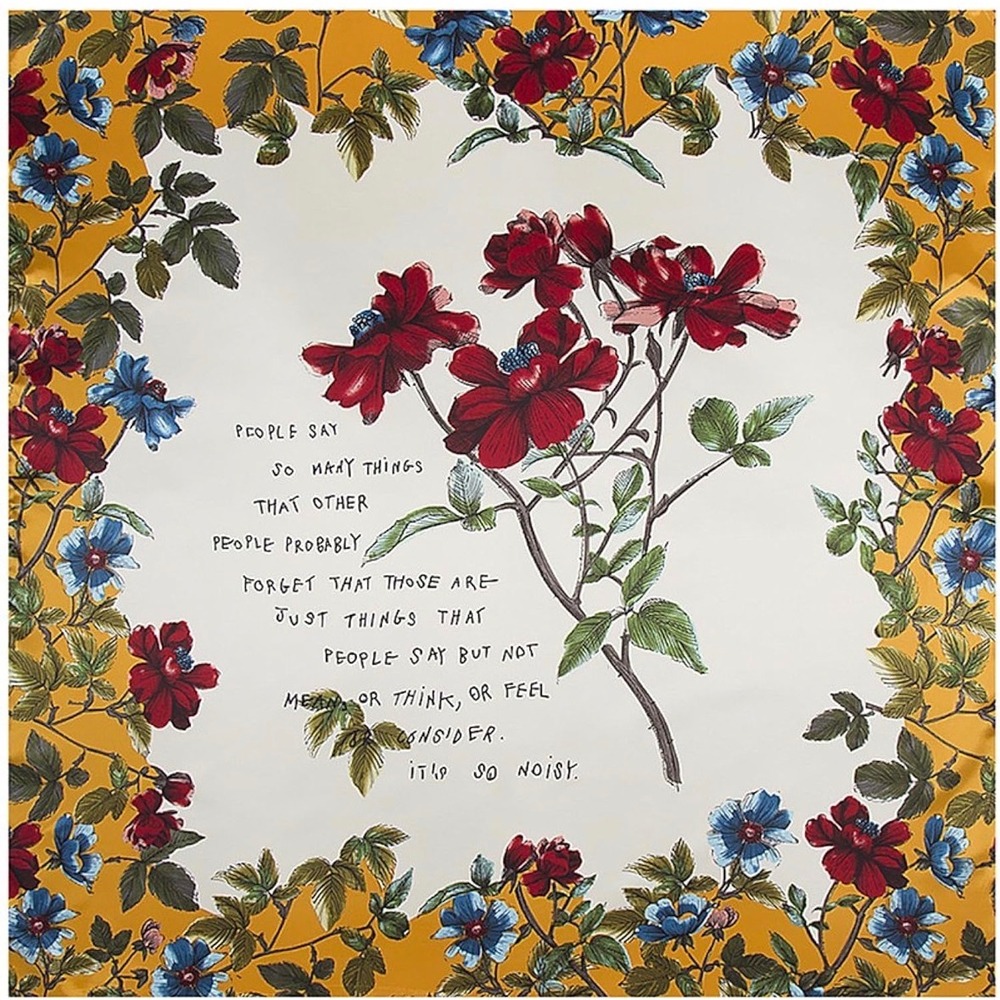 Floral‎ Square Scarf, Poetry themed | Yellow Red Blue Botanical Satin 35x36